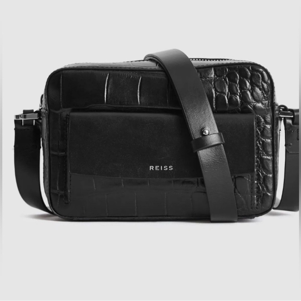 REISS Embossed Leather Black Crossbody Bag